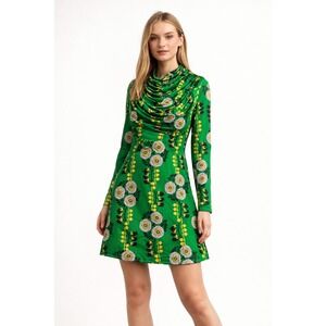 ZARA Green Floral Ruched Dress Medium Long Sleeve Stretch Mini Boho Retro
